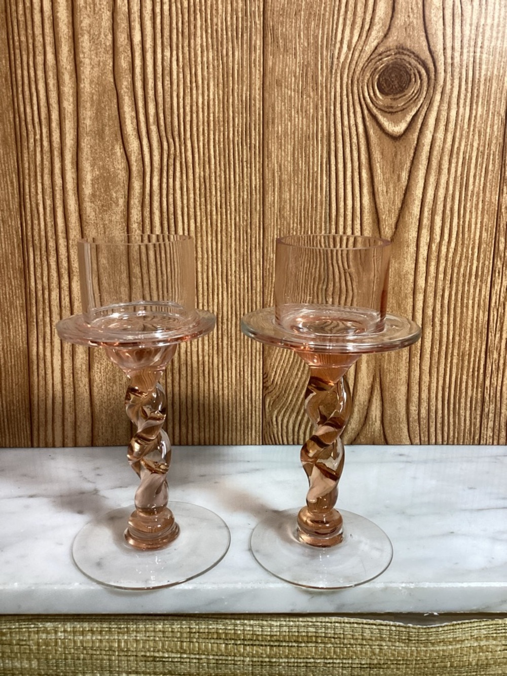 Pair of Twisted Stem Pink Glass Candle Holders